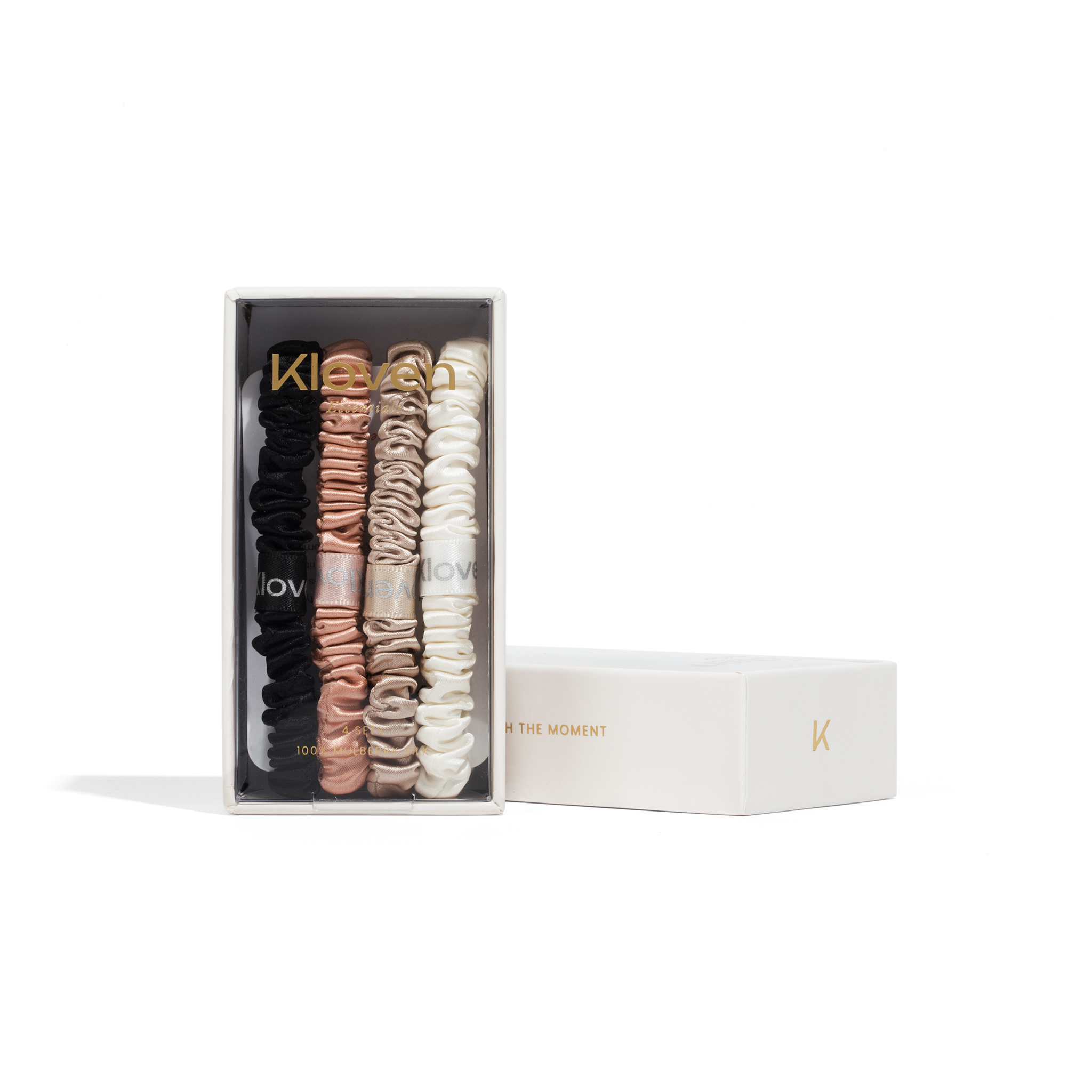 Kloven Essentials silk scrunchies set of four in premium packaging
